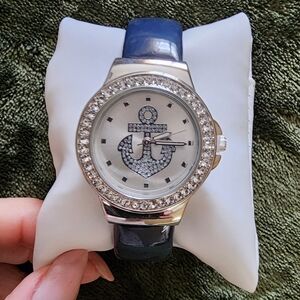 Blue Acrylic Band with Crystal Anchor Women's Bangle Cuff WATCH NIB